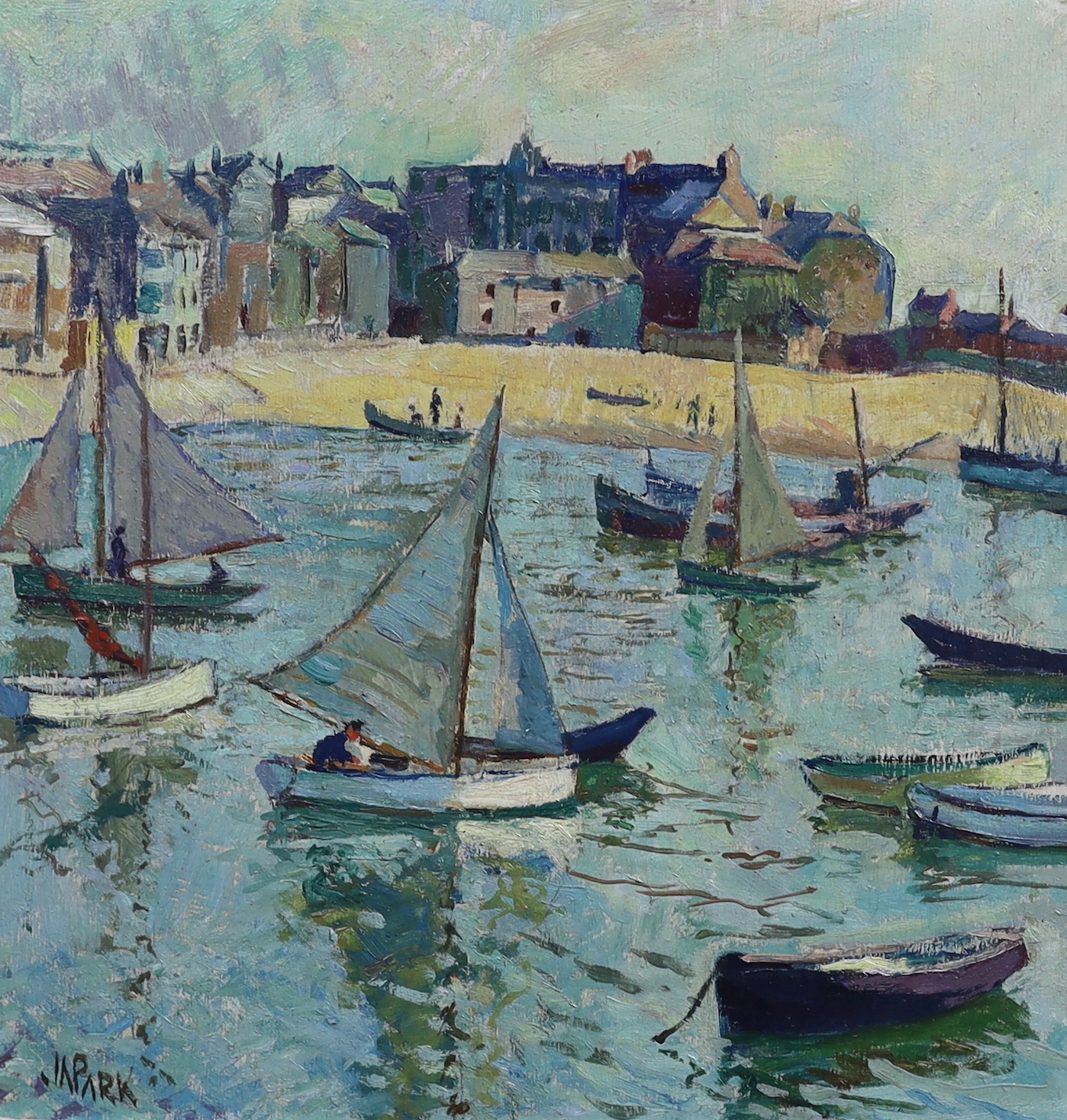 John Anthony Park (English, 1880-1962), Sailing boats in harbour, oil on board, 37.5 x 37.5cm